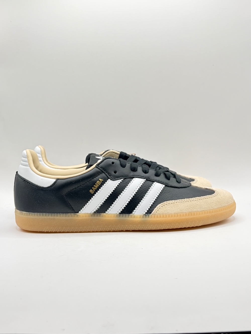 adidas Samba OG in Core Black and Gold Gum, size 9.5 Men / 10.5 Women